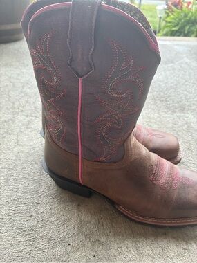 Brown and Purple Western Riding Boots with Pink Stitching